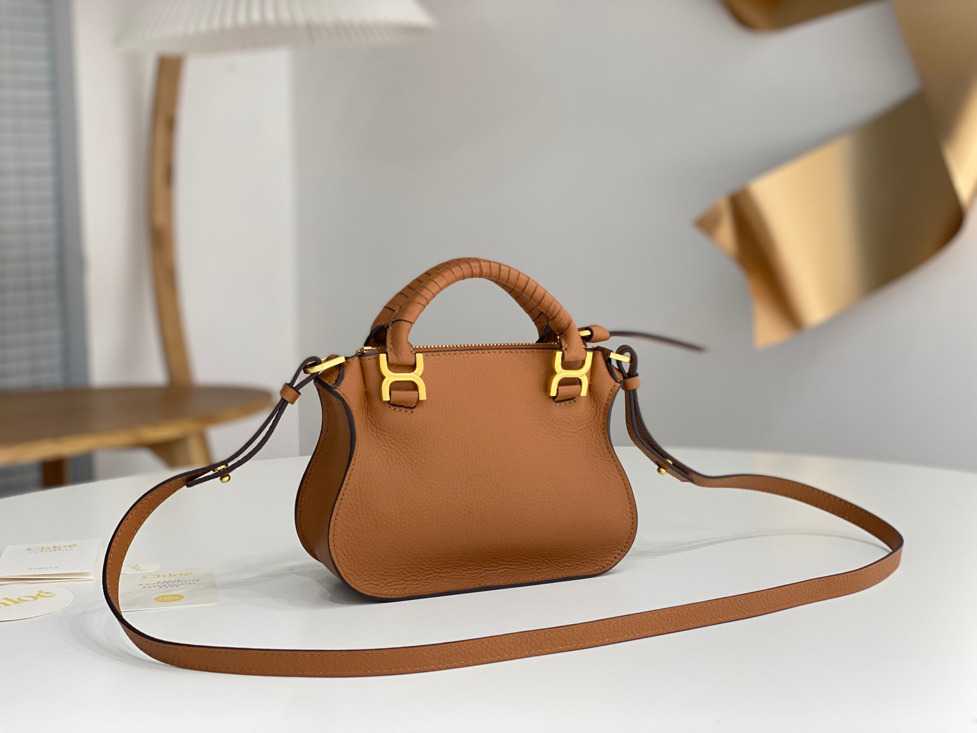 Chloe Mini Marcie Bag In Brown Grained Leather